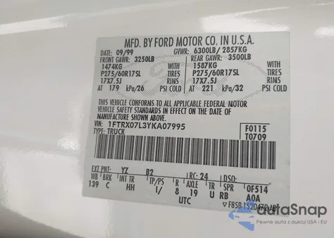 2000 Ford F-150 Lariat/Xl/Xlt from USA, damaged, VIN 1FTRX07L3YKA07995